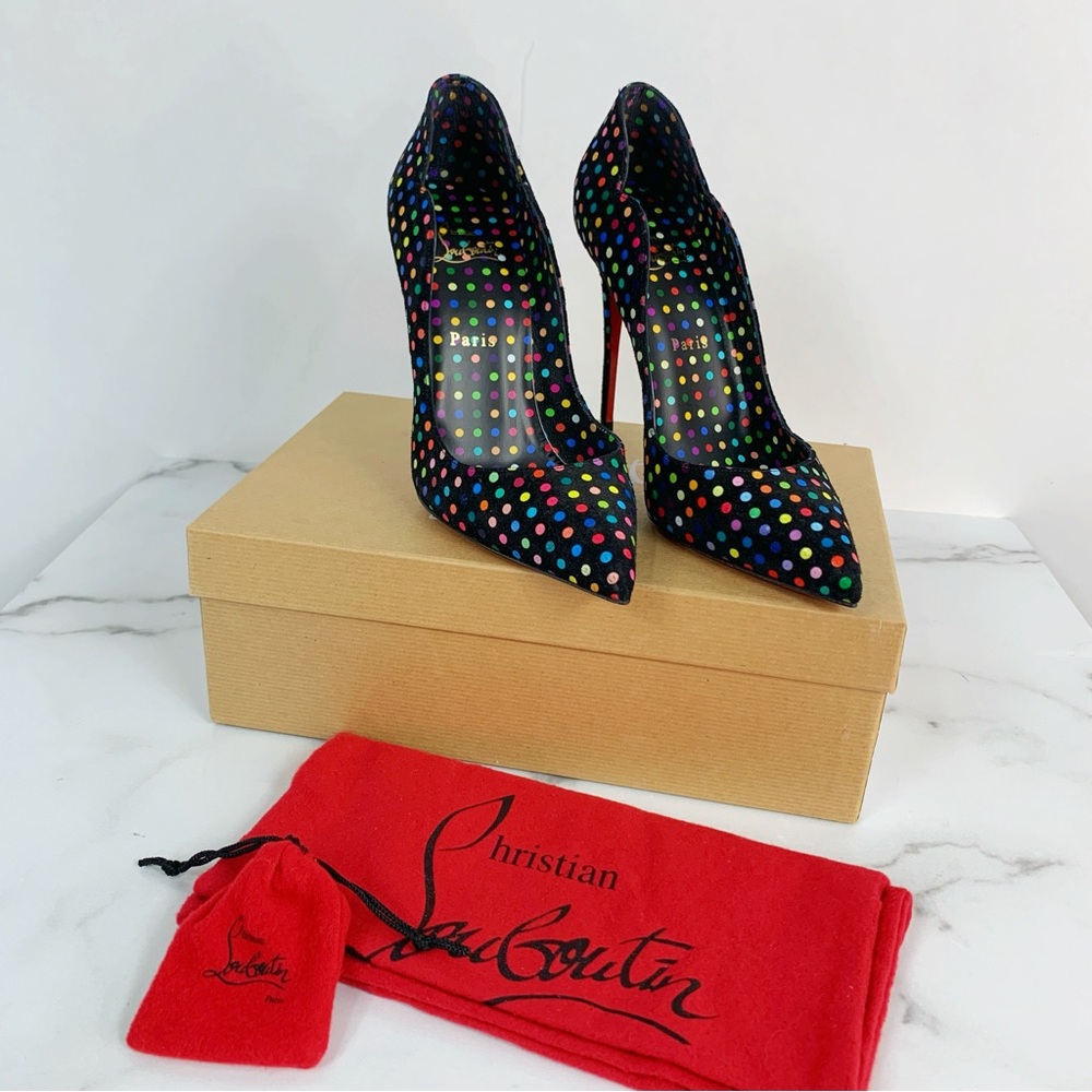 Christian Louboutin Hot Chick 100mm Suede Multi Polka Dot Scallop Pump Size 39 - Picture 3 of 16
